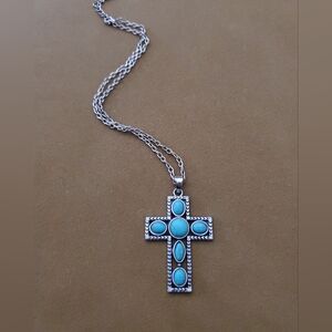 Silver and Turquoise Cross Pendant Necklace